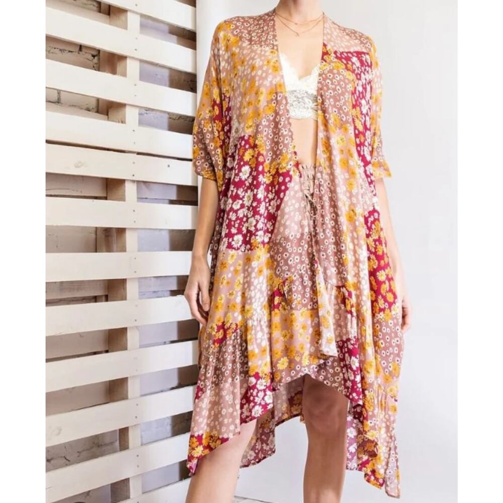 Easel Floral Boho Summer Hippie Flyaway Kimono Cardigan Size Small